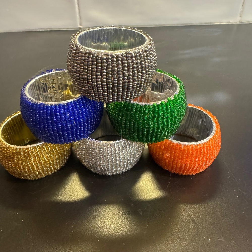 Beaded Napkin Rings Set of 6 Multicolor Jewel Tone Boho Dining Decor